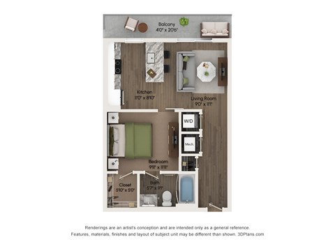 Floor plan for 1 bed, 1 bath, 660 sqft